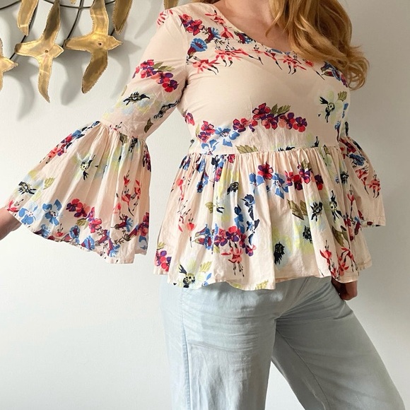 Jane & Delancey Boho Cream Floral 3/4 Bell Sleeve Blouse Size XS - Picture 3 of 13